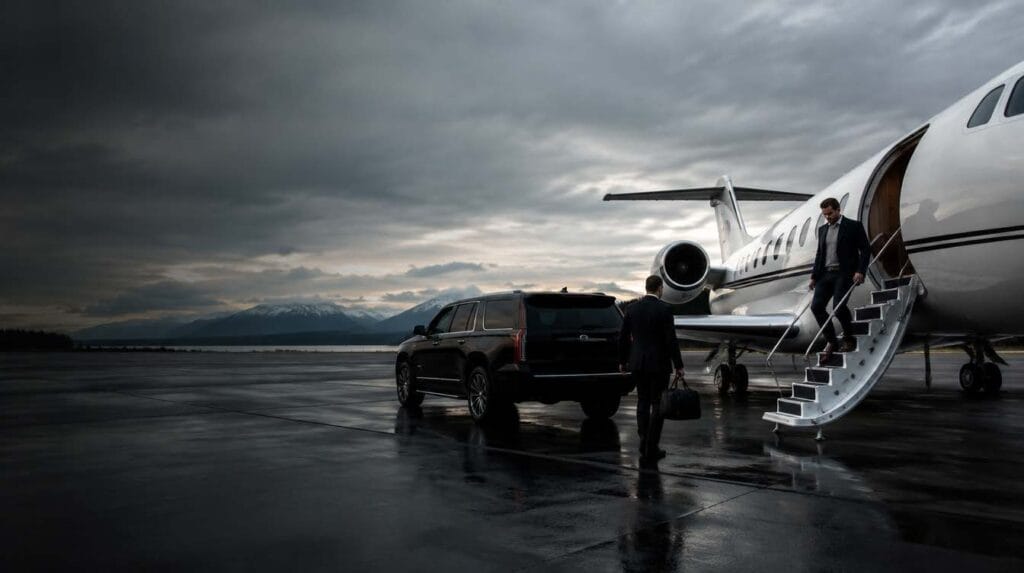 Black SUV meeting a private jet on a wet tarmac